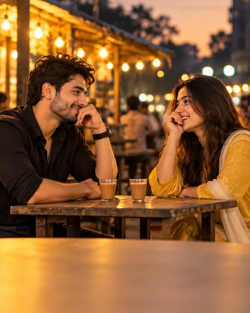Illustration: a couple laughing over tea at a lantern-lit cafe in the evening
