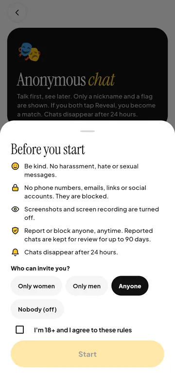 Anonymous chat rules: be kind, no contact details, screenshots off, report anytime, chats disappear after 24 hours