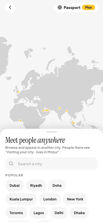 Passport screen with a world map and a list of popular cities