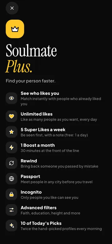 Soulmate Plus screen listing its features