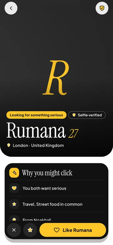 Soulmate profile screen showing intent, selfie-verified badge and a 'Why you might click' list
