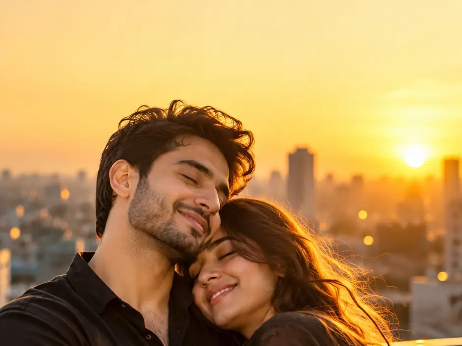 Illustration: a couple sitting close together on a rooftop at sunset, the city behind them